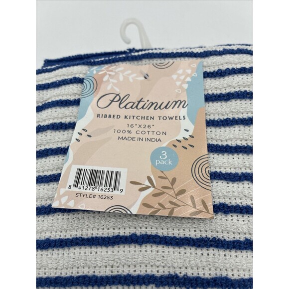 PANTRY KITCHEN TOWELS (3) white and blue 16 X 26 100% COTTON - Picture 5 of 5